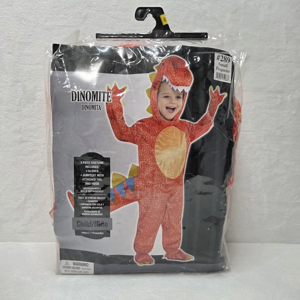 Dinomite Dinosaur Costume Sz Child Small Red T-Rex Jumpsuit Hood Gloves #289